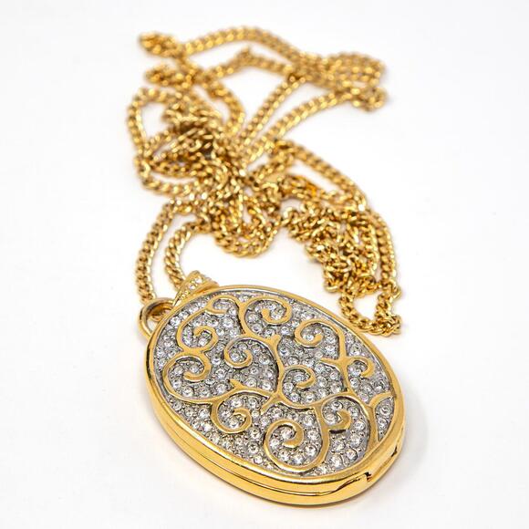 Vtg Butler Fifth Avenue Rhinestones & Enamel Gold Tone Necklace 32" Chain Locket - Picture 4 of 12